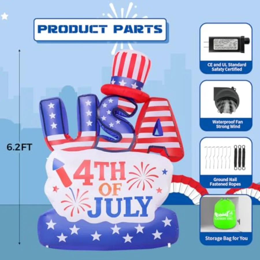6.2FT 4th of July Inflatable Patriotic Decoration, USA Letter Hat Blow Up Yard Decor with Built-in LED Lights for Independence