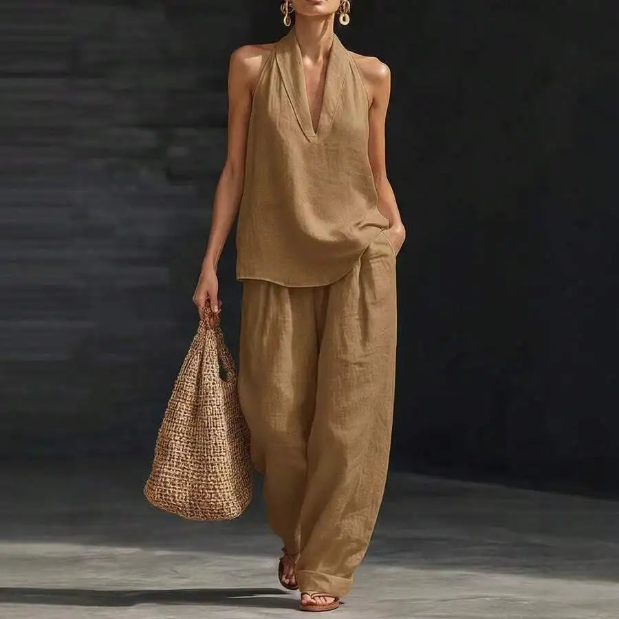 Casual 2 Piece Set Women Halter V Neck Sleeveless Top And Wide Leg Pants