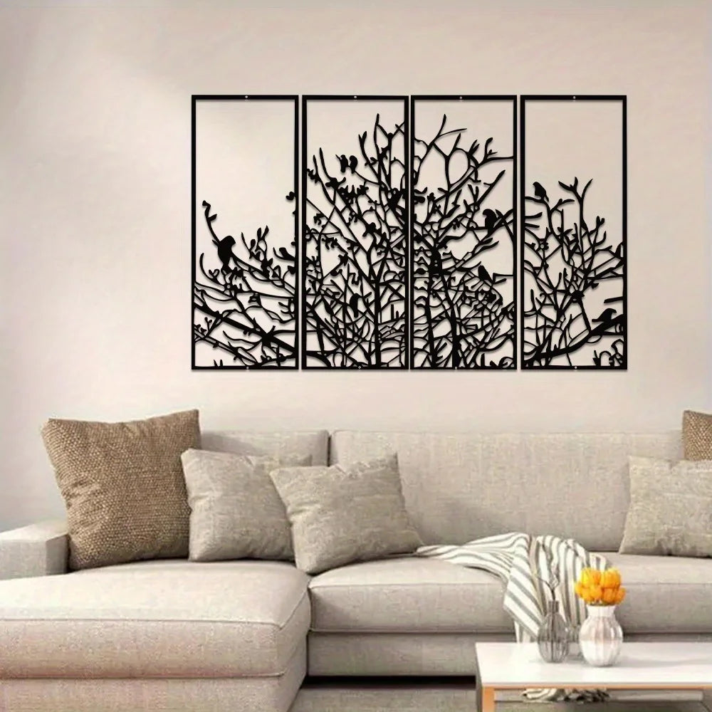 4 Panels Tree of Life Decor Mid-Century Tree Decor Large Black Unique Minimalist Home Decor Great Housewarming Perfect for Gift