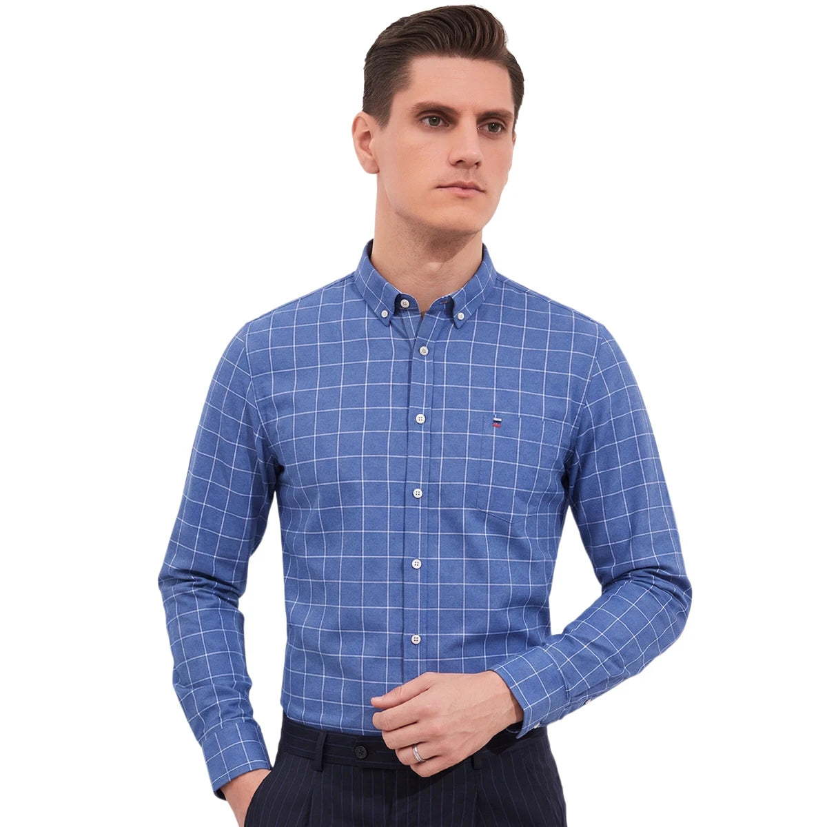 Men's Plaid Striped Button Down Shirts Spring Fall Cotton Long Sleeve Oxford Dress Shirts with Pocket