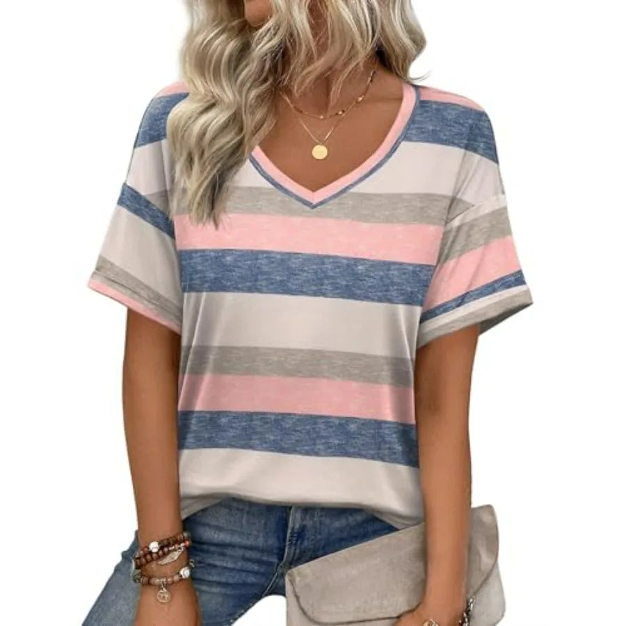 Zeagoo Womens Summer Tops Short Sleeve Casual Shirts Floral Tee Trendy 2026 Basics V Neck Plain Tshirt