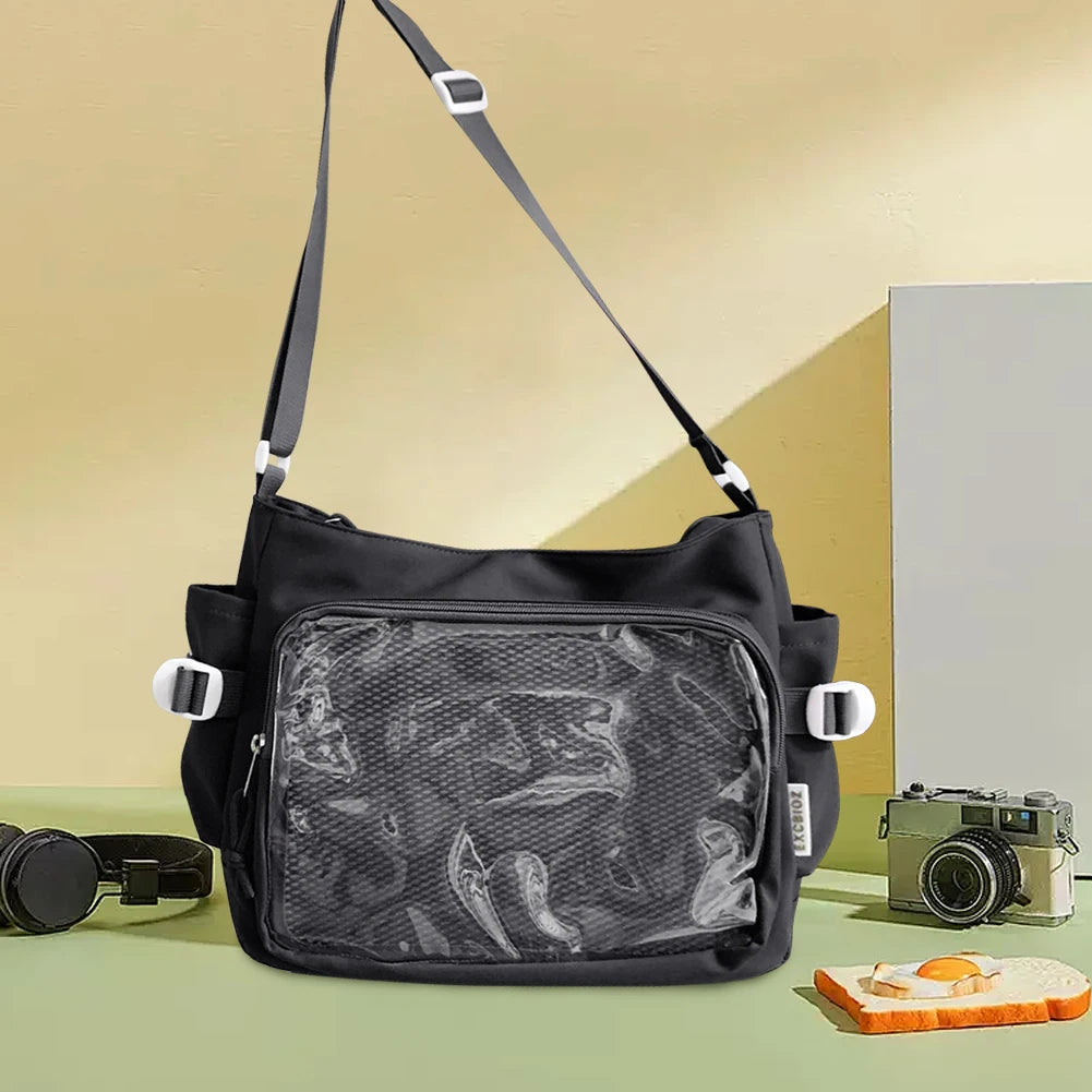 Women Ita Bag Japanese Style Shoulder Purse with Clear Window Teenagers School Bag Multi-pockets Adjustable Strap Chic Hobo Bag