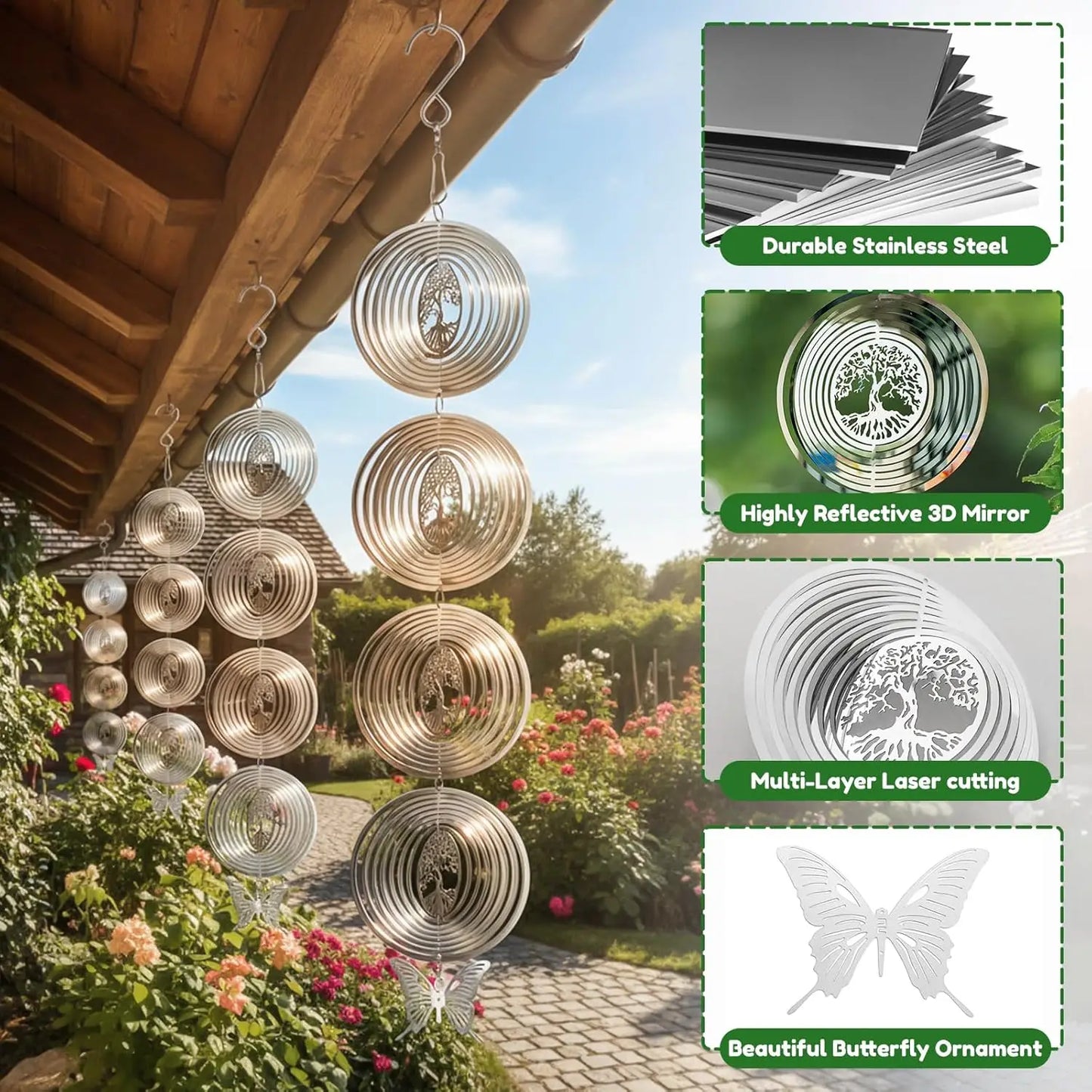 16 Discs Stainless Steel Bird Deterrents for Outside Patio,Reflective 3D Wind Spinners Outdoor Garden Decor Reflective Bird Scare Devices to Keep Bird Away from House Yard Orchard