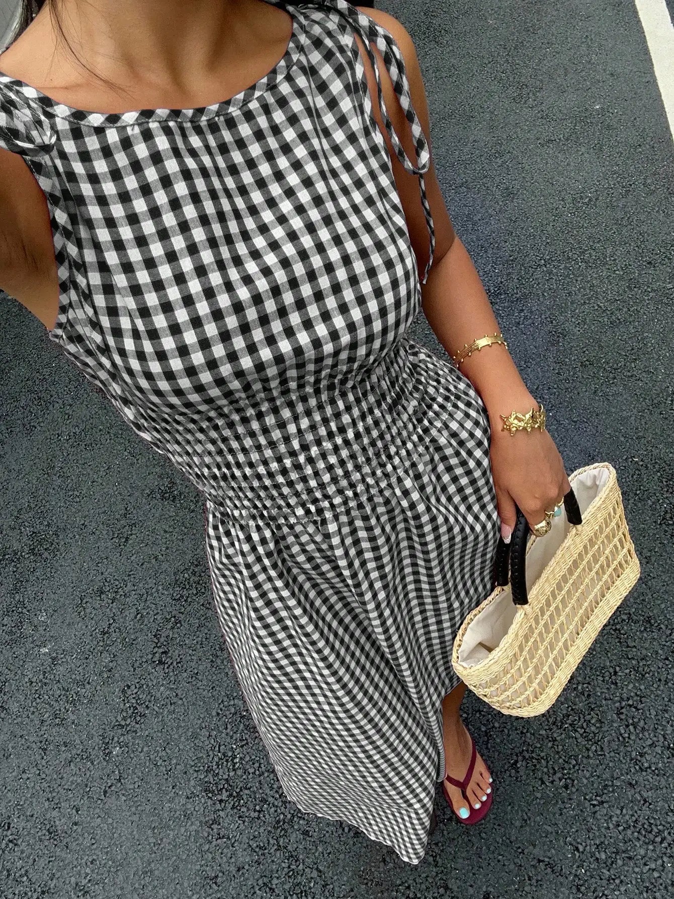 Blue Striped Midi Dress With Smocked Waist, Tie-Shoulder Detail, And Flowy Fit For Casual, Beach, Or Party Occasions