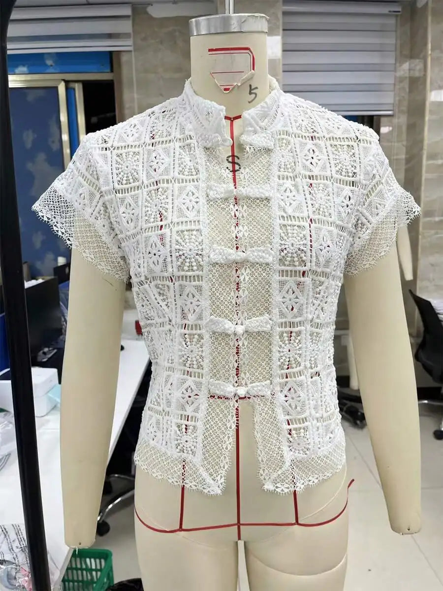 Elegant Lace High Neck Flutter Sleeve Blouse Vintage Crochet Openwork Top Summer