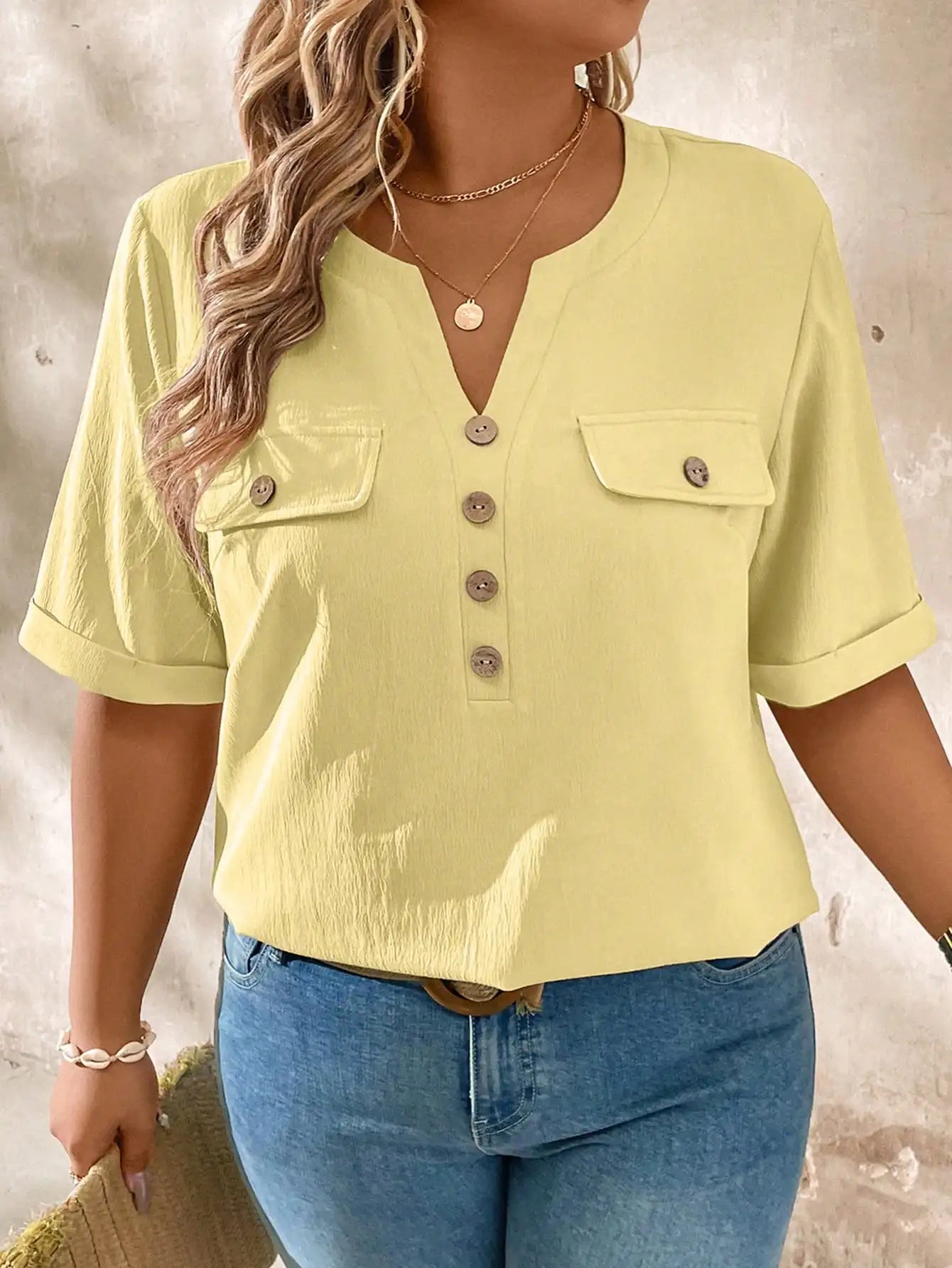 Casual V-Neck Short Sleeve Shirt With Wood Buttons