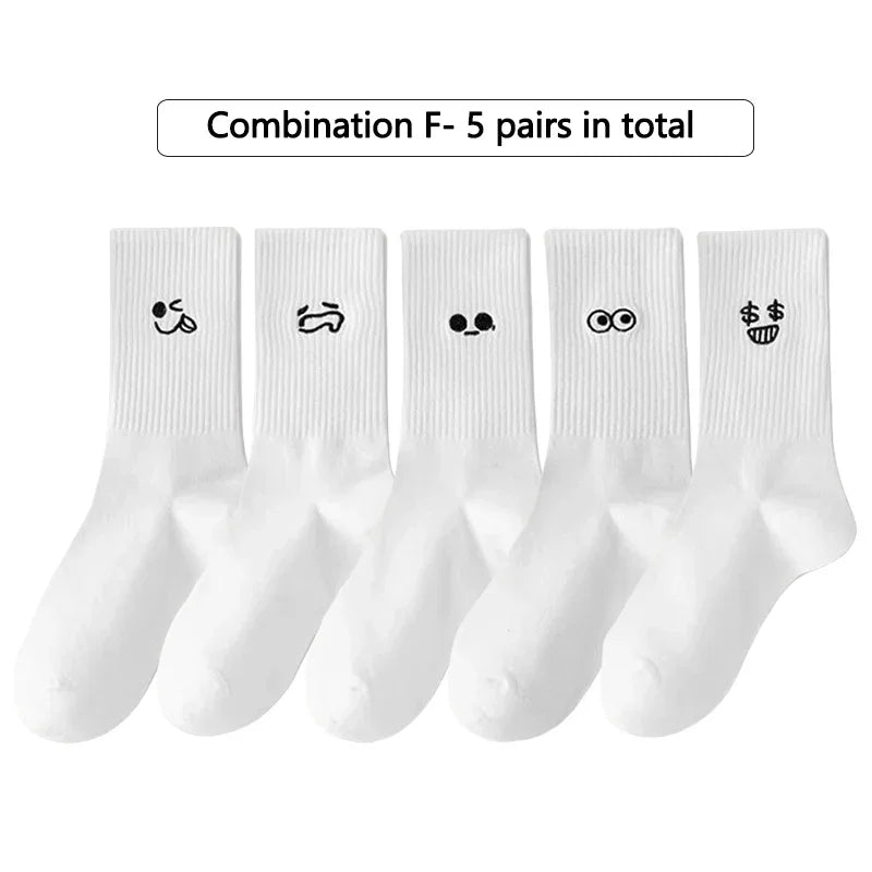 3/ 5 Pairs Women's Cartoon Socks Autumn Girls Cute Funny Expression Pattern Mid Tube Kawaii Casual Breathabl White Female Socks