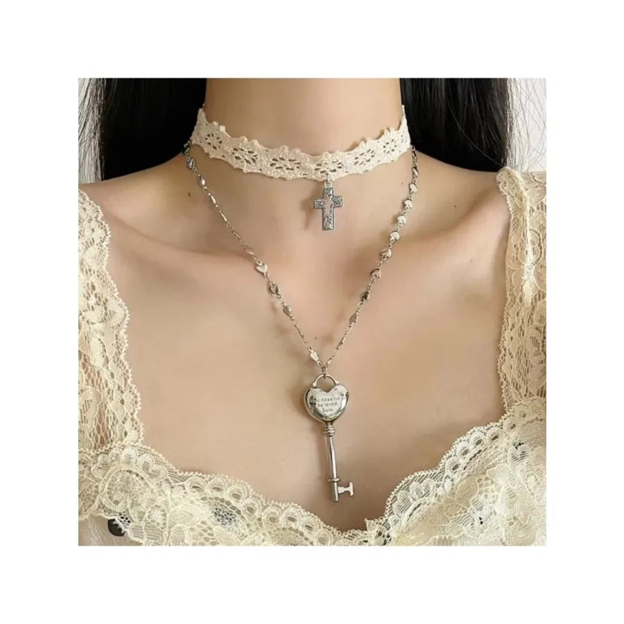 Y2K White Lace Cross Strap Key Choker Necklace for Women Sweet Cool Heart Chain Double Layer Necklace Fashion Party Jewelry Gift