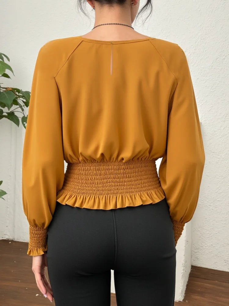 Round Neck Blouse Long Sleeve Raglan Shoulder Smocked Waist Ruffle Cuff Solid Top For Women Daily Office Work School Casual Elegant Stylish Garment