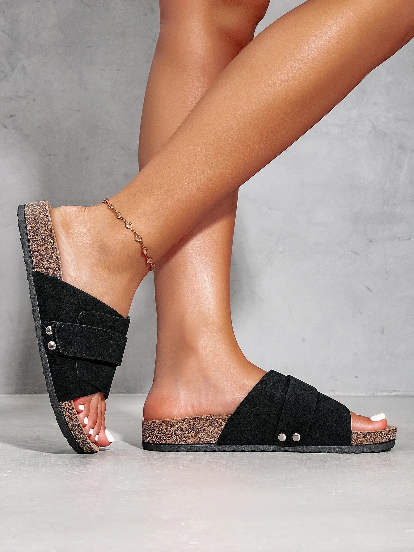 Women Double Adjustable Strap Cork Footbed Slide Sandals Suede Flat Summer Outdoor Walking Casual Beach Shoes