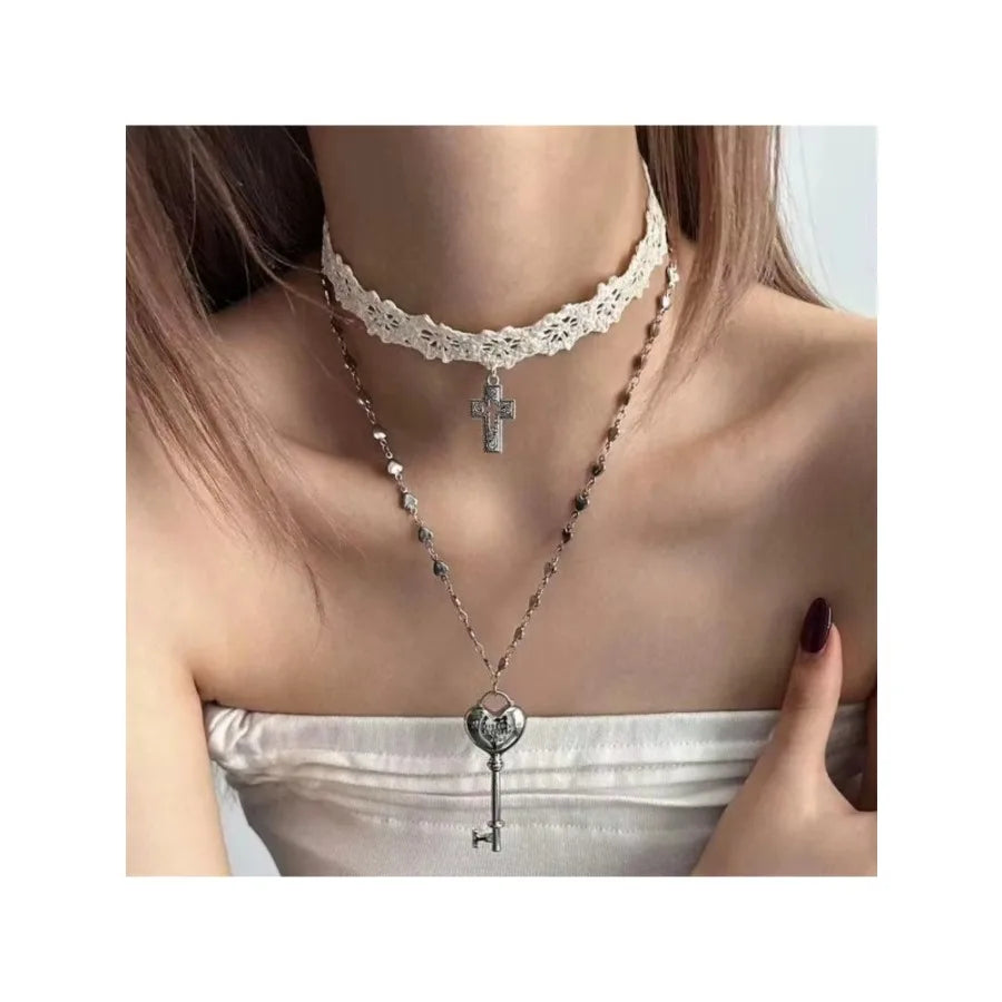 Y2K White Lace Cross Strap Key Choker Necklace for Women Sweet Cool Heart Chain Double Layer Necklace Fashion Party Jewelry Gift