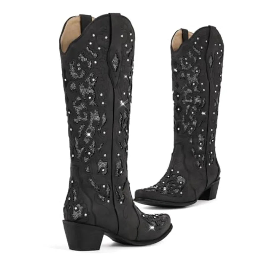 Western Mid Calf Cowboy Cowgirl Boots Sparkly Rhinestone Bling Cowboy Boots for Women