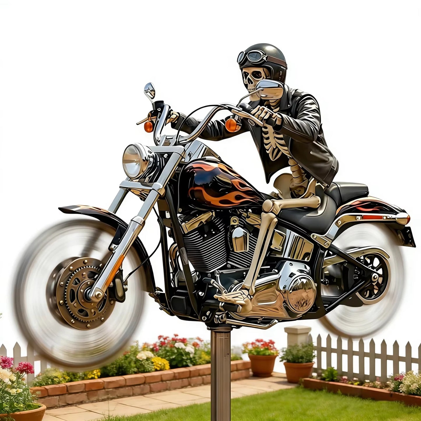 Skeleton Biker Motorcycle Wind Spinner with Rotating Wheel Metal Decorative Pinwheel Windmill for Outdoor Patio Garden Art Decor