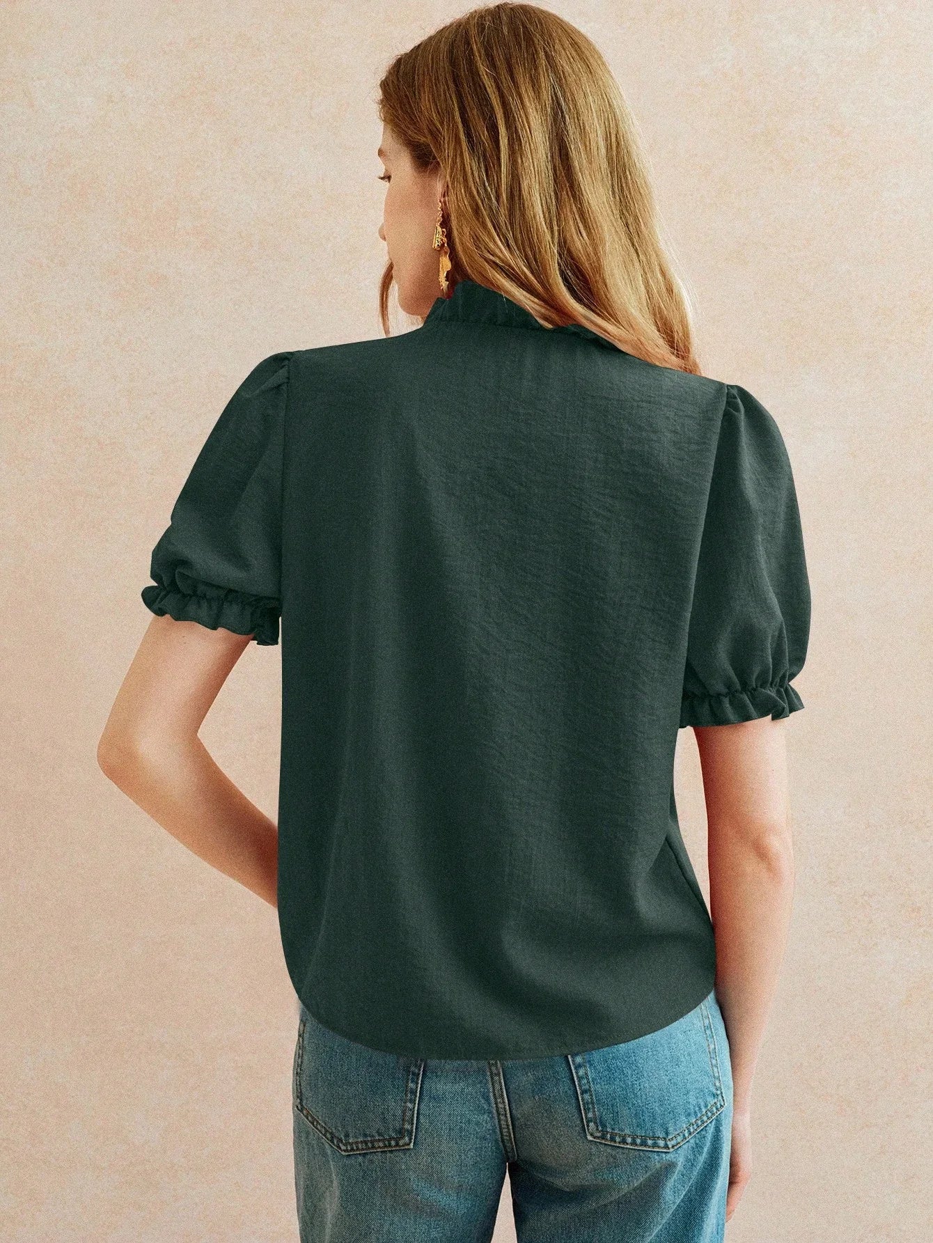 Elegant Embroidered Short Sleeve Blouse With Ruffled Collar And Puff Sleeves