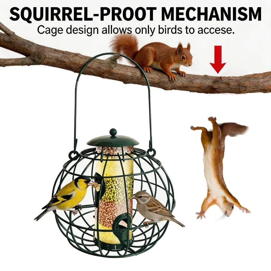 【New Arrival】Squirrel-Proof Wild Bird Feeder, Hanging Metal Cage Seed Feeder with Clear Tube, Outdoor Garden Bird Feeder for Finches, Sparrows