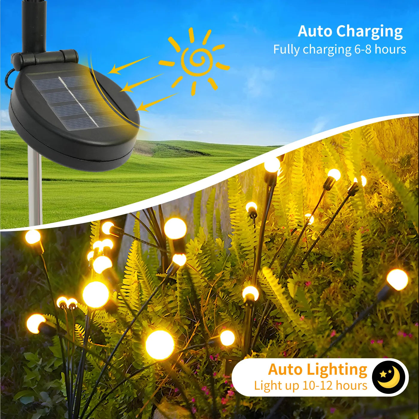 2Pack 8-Head Solar Firefly Lights Outdoor Pathway Decorative Garden IP651 Waterproof High Flexibility Iron Wire Heavy-Duty Bulb Base