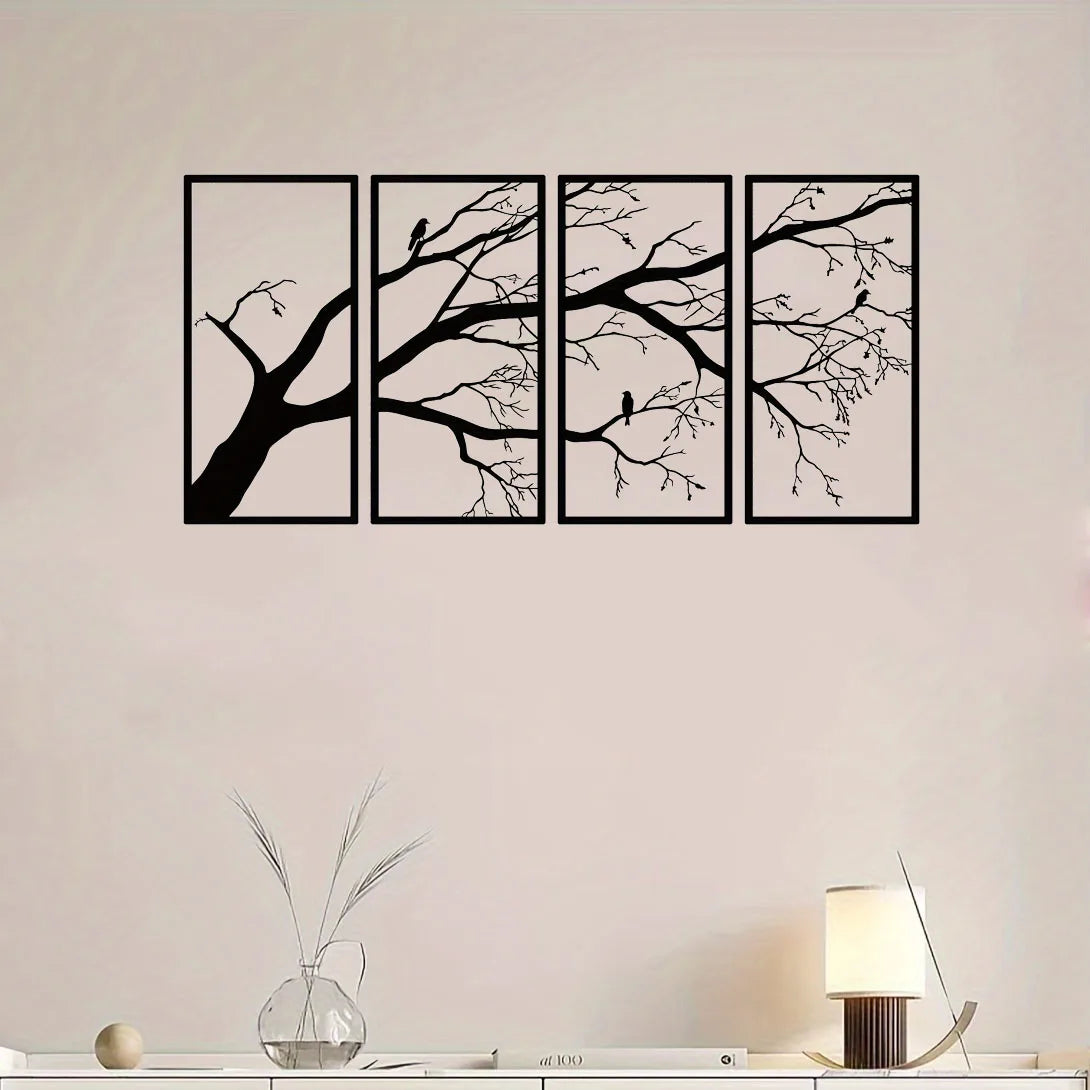 Luxury Black Tree of Life Metal Wall Art Decor Set of 4 - Iron Sculpture for Home Garden Decor