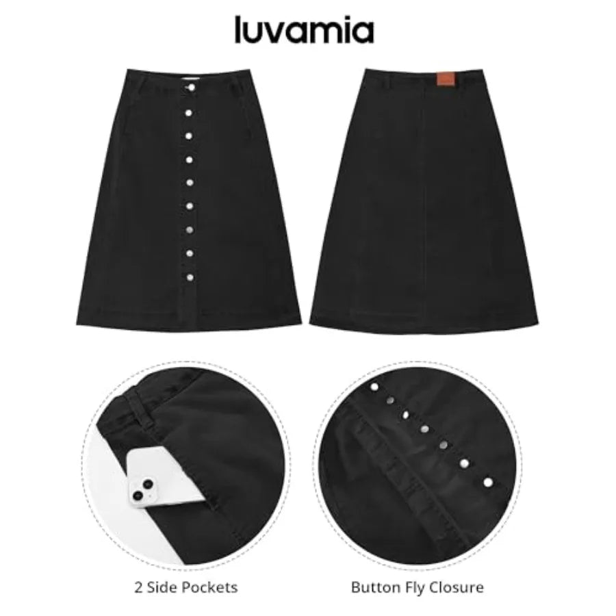 luvamia Jean Skirts for Women Trendy Midi Length A Line Western Casual Button Down Stretchy Denim Skirt with Pockets