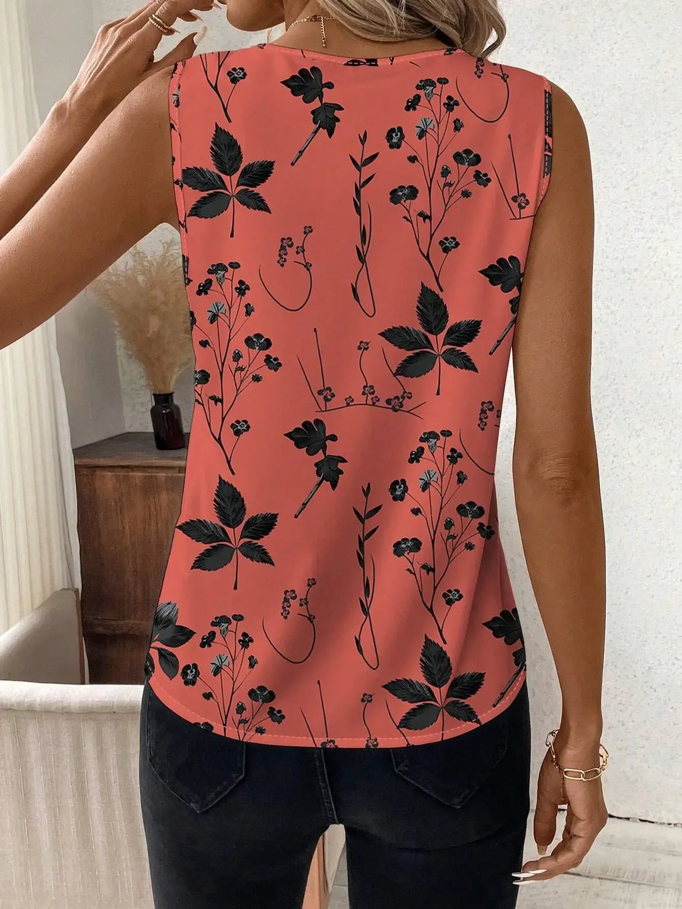 Vintage Floral Print V-Neck Sleeveless Casual Blouse For Women Summer Chic Top