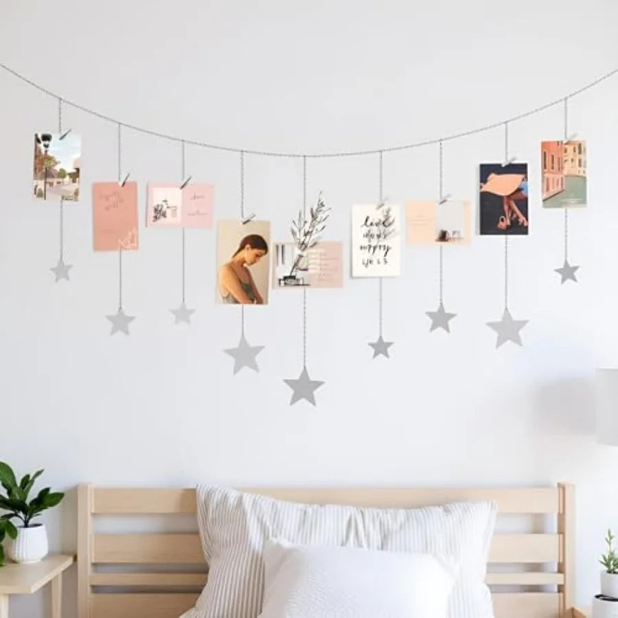 Hanging Photo Display Boho Decor Wooden Stars Garland with Metal Chains, Pictures Cards Holder with 25 Wood Clips, Wall Art for