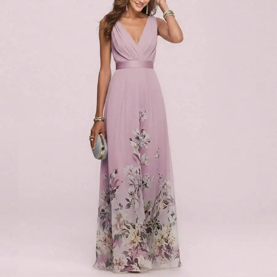 Elegant V-Neck Floral Print Waist-Cinching Floor-Length Dress For Women