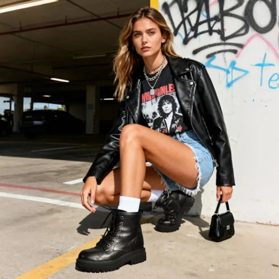 Combat Boots Ankle Booties Lace-up Platform Side Zipper Lug Sole Boots Ankle Boots for Women