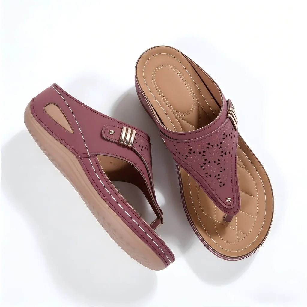Women's Wedge Thong Sandals with Cut-Out Embroidery & Cork Sole