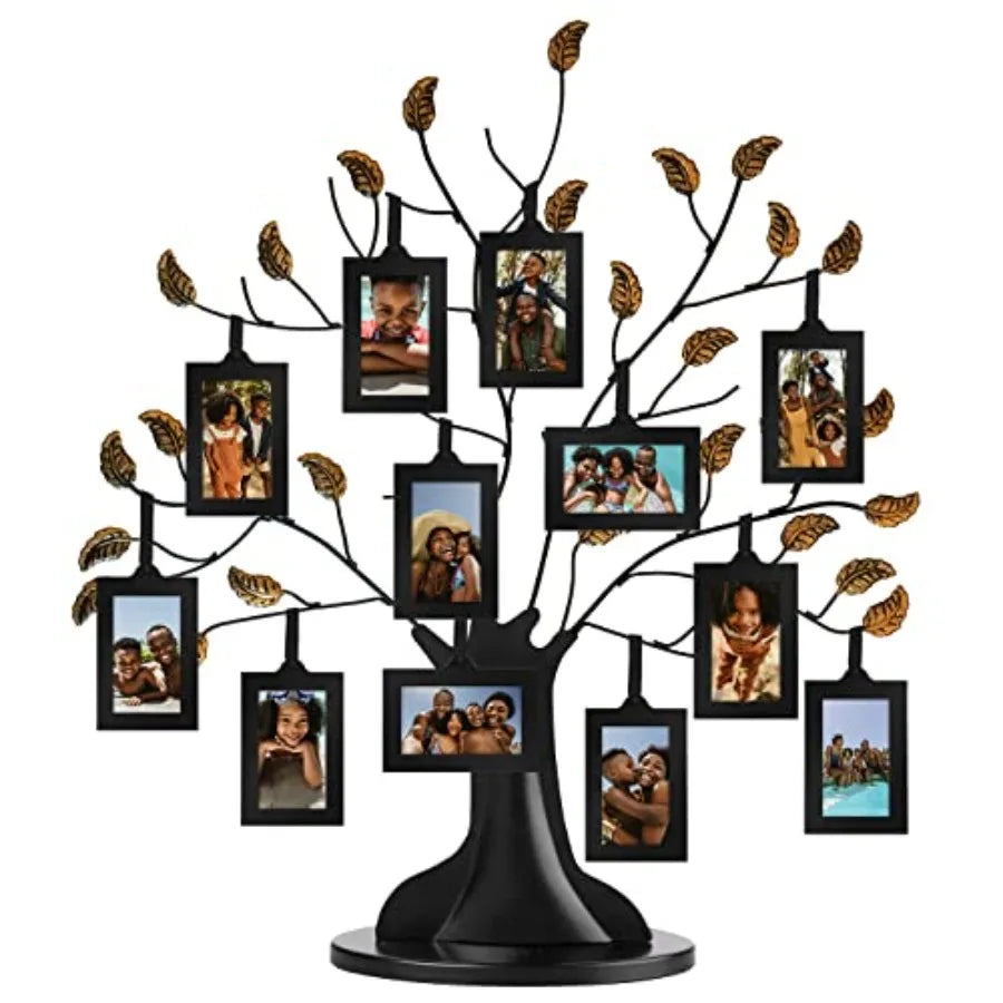 Family Tree Picture Frame - Includes 12 Hanging 2x3 Picture Frames - Adjustable Ribbon Tassels - Ideal as Mother's Day Gifts or