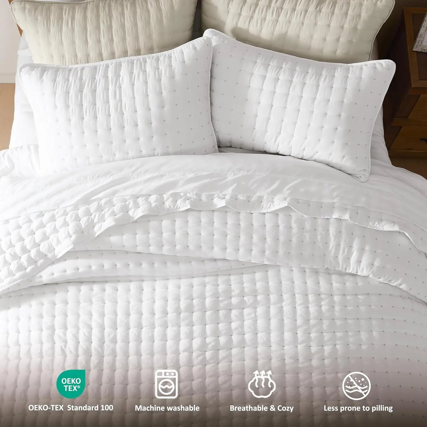 Luxury Cross-Stitch Design Quilt Bedding Set Lightweight Soft Summer Bedspread All-Season Quilted Coverlet with 2 Pillow Shams Twin Queen King California King Size Bed Covers