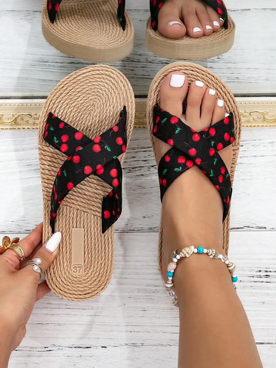 Womens Flat Sandals Cherry Print Cross Strap Thick Sole Summer Beach Slippers