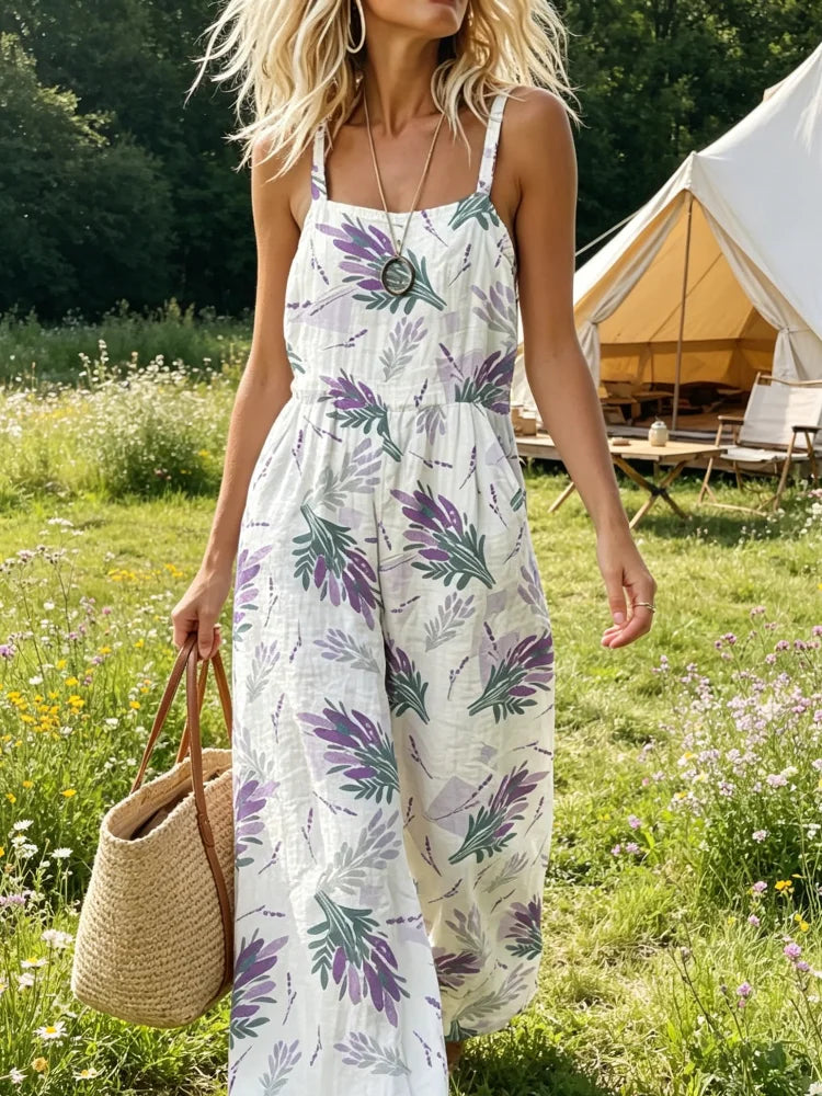 Women Lavender Floral Print Spaghetti Strap Jumpsuit Square Neck Elastic High Waist Wide Leg Pants With Pockets Boho Summer Vacation Romper