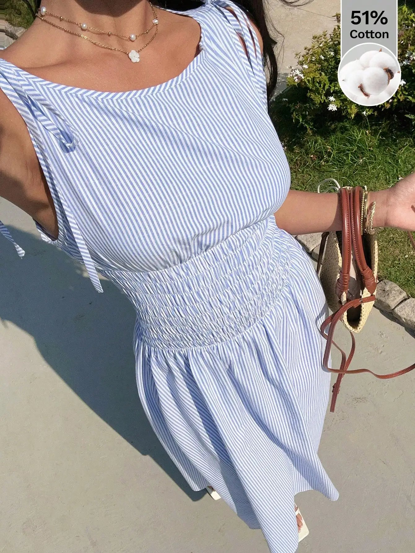 Blue Striped Midi Dress With Smocked Waist, Tie-Shoulder Detail, And Flowy Fit For Casual, Beach, Or Party Occasions