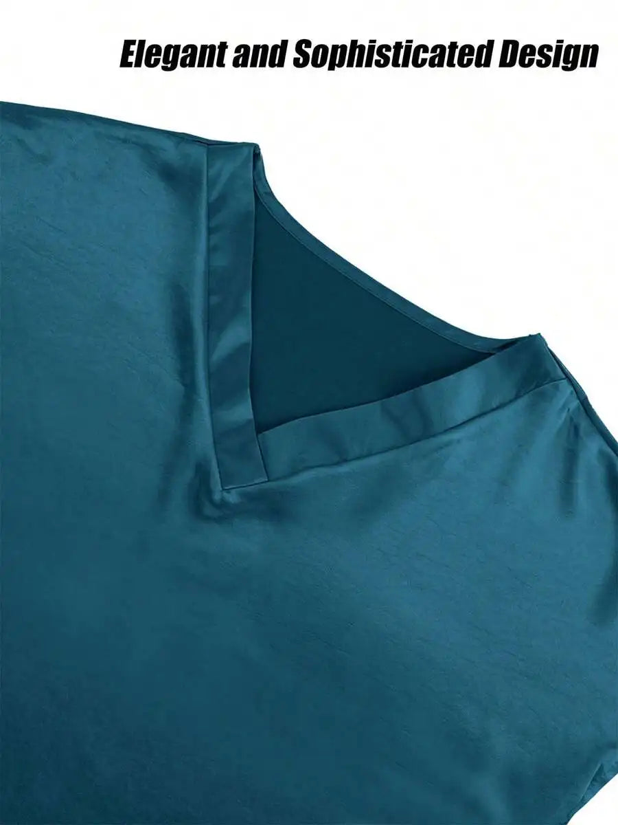 Women V Neck Satin Blouse Short Sleeve Loose Business Casual Top