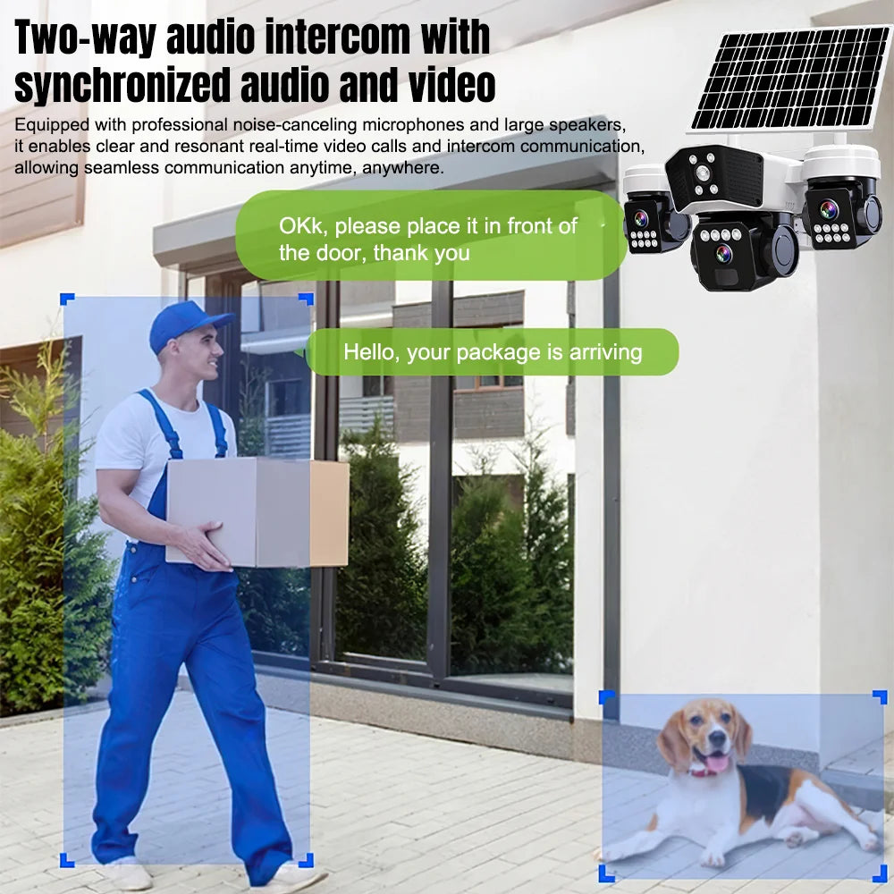 6MP Three Lens Solar Security Camera Wireless WiFi Outdoor PTZ Camera 3 Screen Full Color Night Vision Motion Detection Sound Light Alarm IP66 Waterproof Surveillance Cam