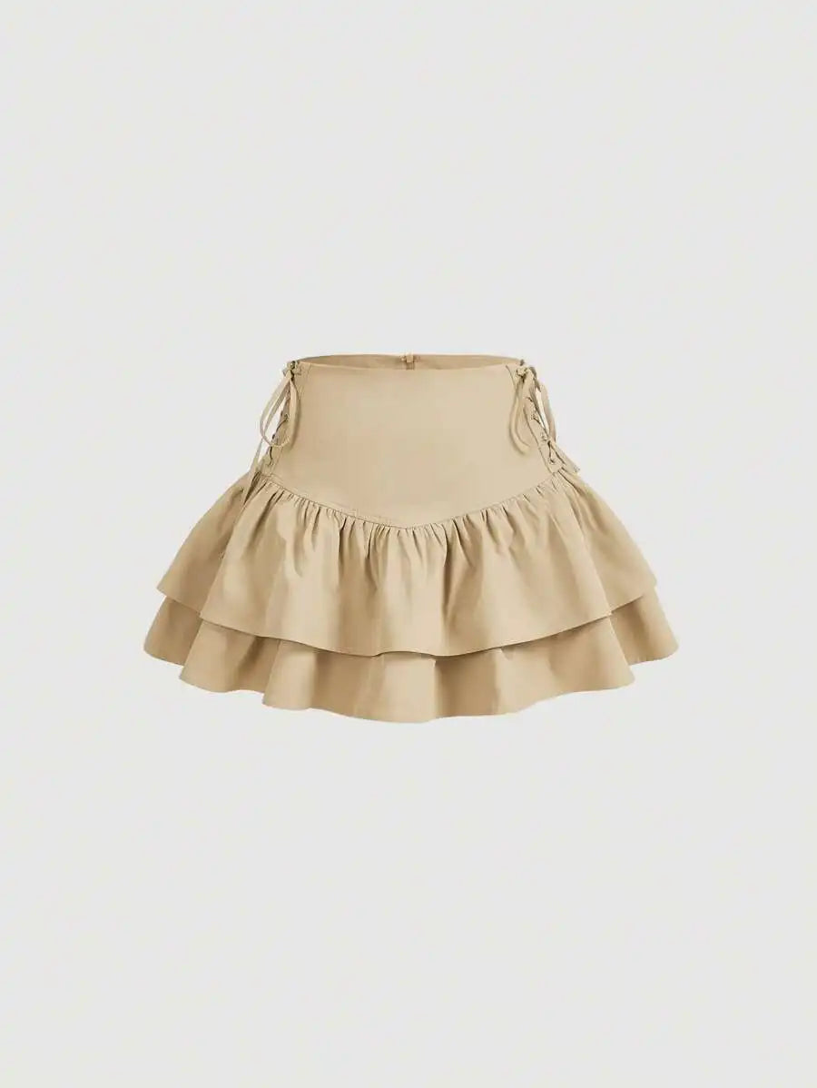 Women Solid Lace Up Side Ruffle Hem Mini Skirt For Summer