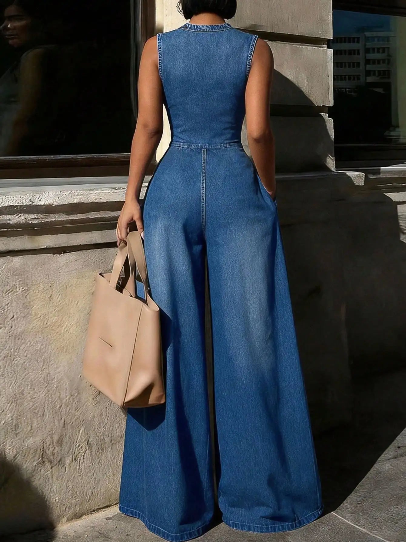 GLOURI Women Sleeveless Denim Jumpsuit Stand Collar Front Zip High Waist Pleated Wide Leg Romper with Side Pockets Vintage Washed Denim Elegant Outfit for Work Date Daily Casual Wear