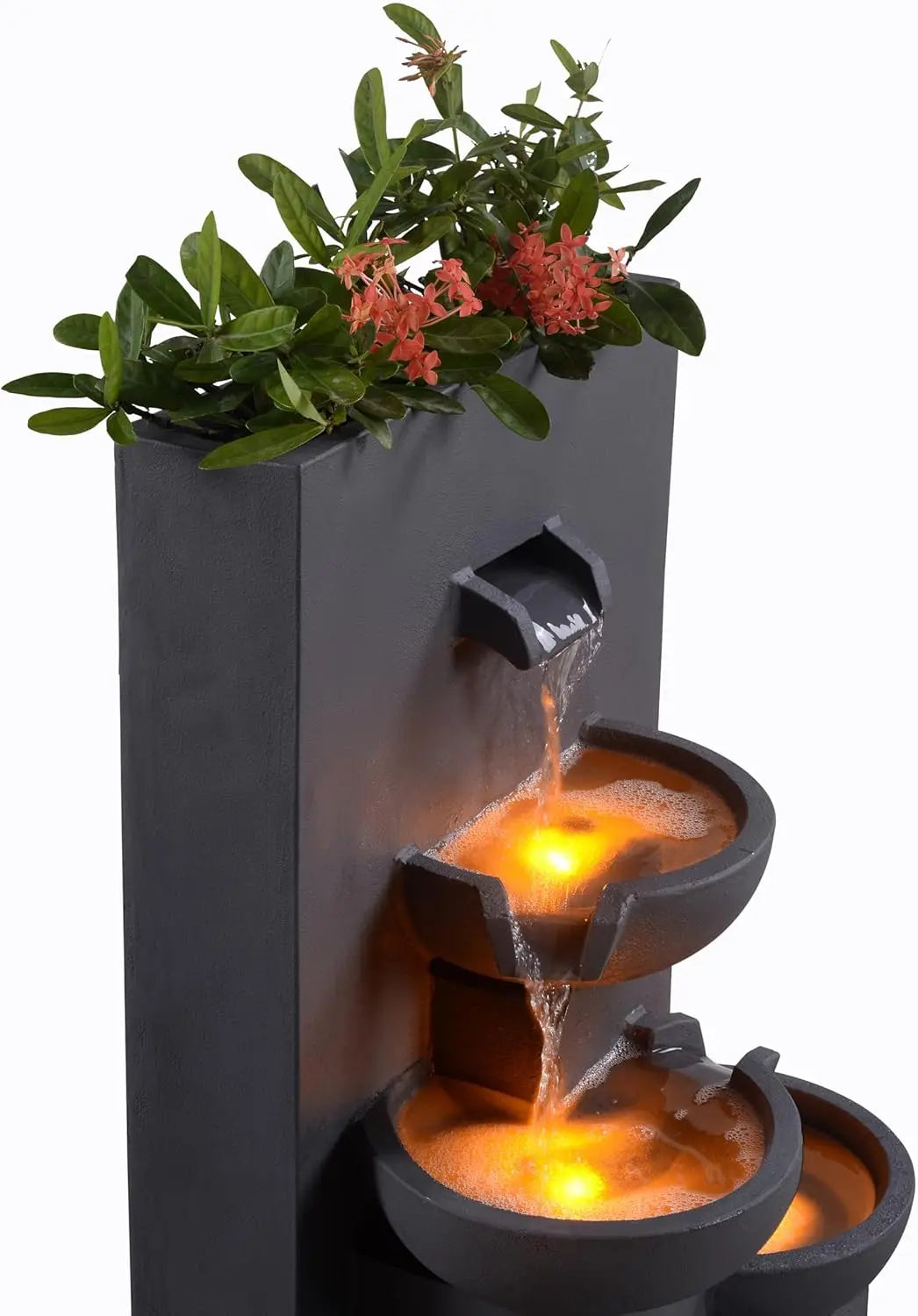 29.13" 3-Tier Cascading Outdoor Water Fountain with Planter, LED Lights for Outdoor Living Spaces, Matte Gray