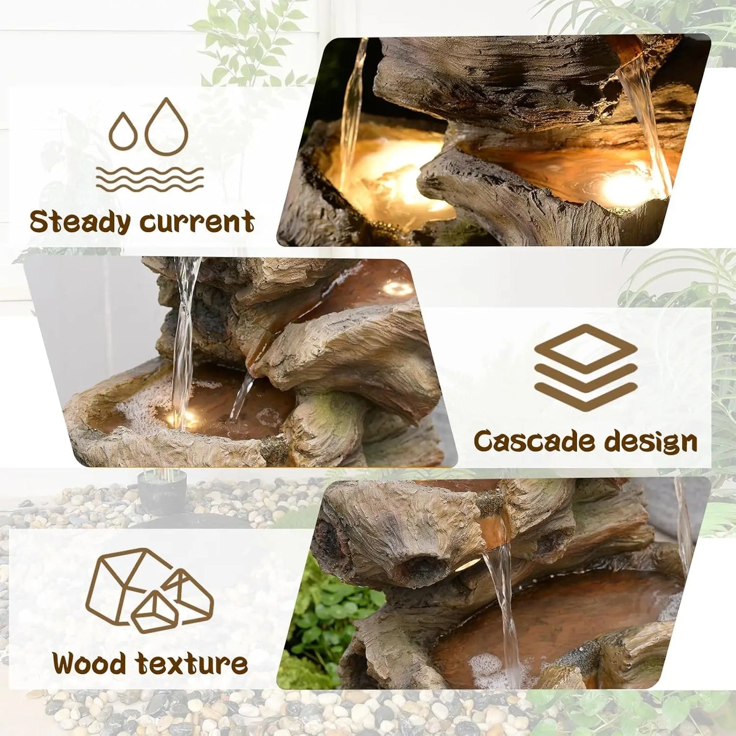 40in 5-Tier Tree Trunk Outdoor Water Fountain LED Garden Patio Backyard Decor, Customized
