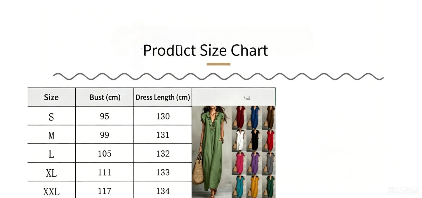 Women's Retro Bohemian Ruffle Linen Maxi Dress, Ruffle V-Neck Sleeveless Loose Summer Dress with Pockets, Summer Casual High-Waist Loose Beach Maxi Dress, Sunny Dress with Flutter Sleeves and Floor-Length Skirt