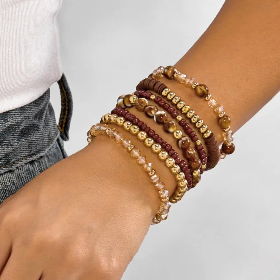 Bohemia Hand Jewelry Summer Beach Wristband Women 7Pcs Brown Gold Beaded Bracelets Set with Tiger Eye Stone and Crystal Charms