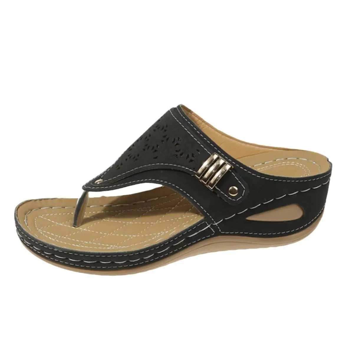 Women's Wedge Thong Sandals with Cut-Out Embroidery & Cork Sole