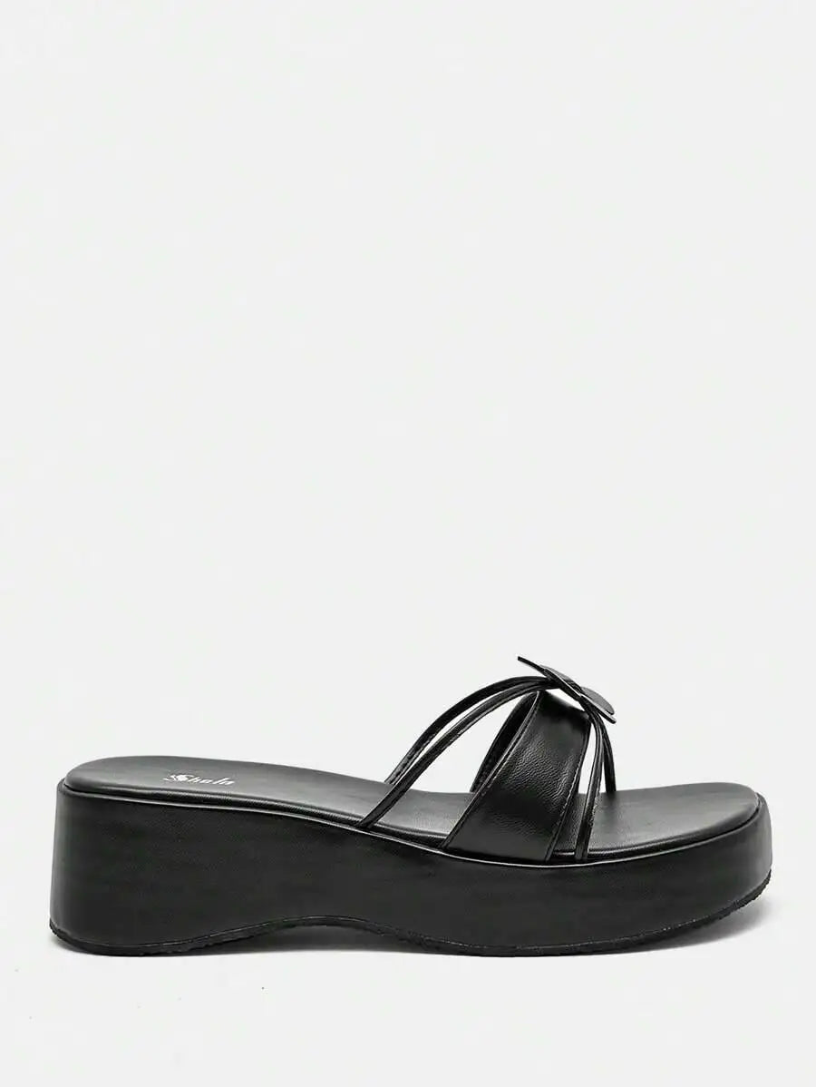 Elegant Black Wedge Slide Women, Flower Decor Sandals Vacation Summer Back To School College Student Shoes Spring