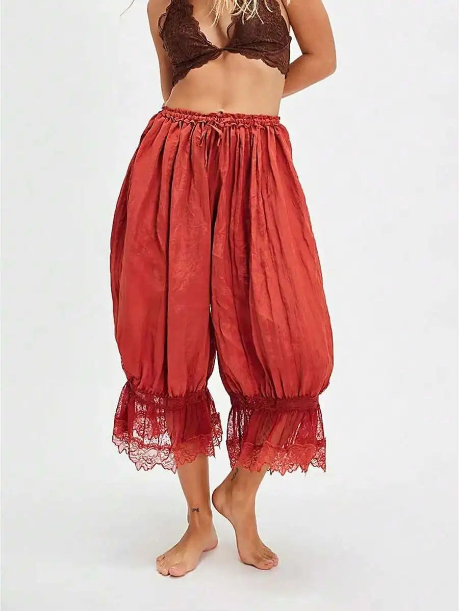 Women Cropped Lace Trim Bloomers Loose Mid Rise Victorian Pantaloons Streetwear