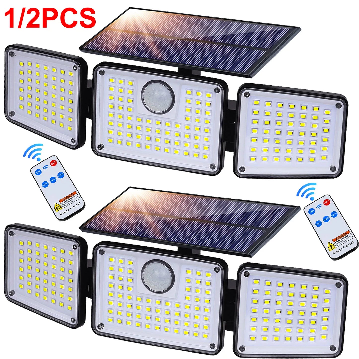 1/2PCS 164LED Motion Sensor Outdoor Street Lights, Solar Lights IP65 Waterproof, 3 Heads Security Flood Lamp, 3 Mode, for Patio