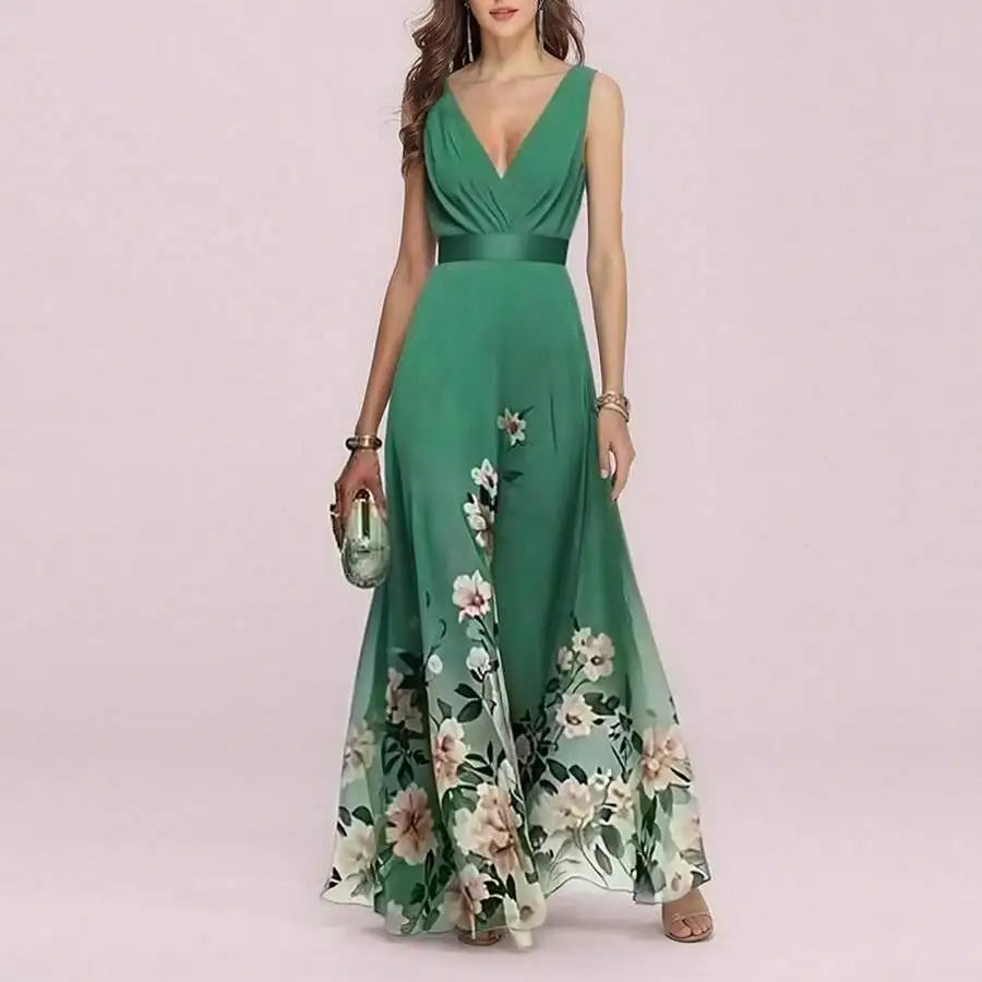 Elegant V-Neck Floral Print Waist-Cinching Floor-Length Dress For Women