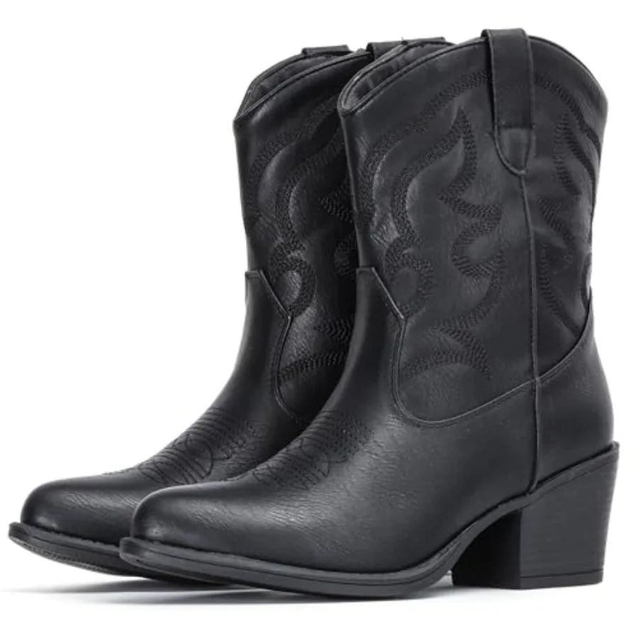 IXU Cowboy Boots for Women Wide Suede Ankle Western Cowgirl Boots Mid Calf Pointed Toe Short Chunky Classic Booties