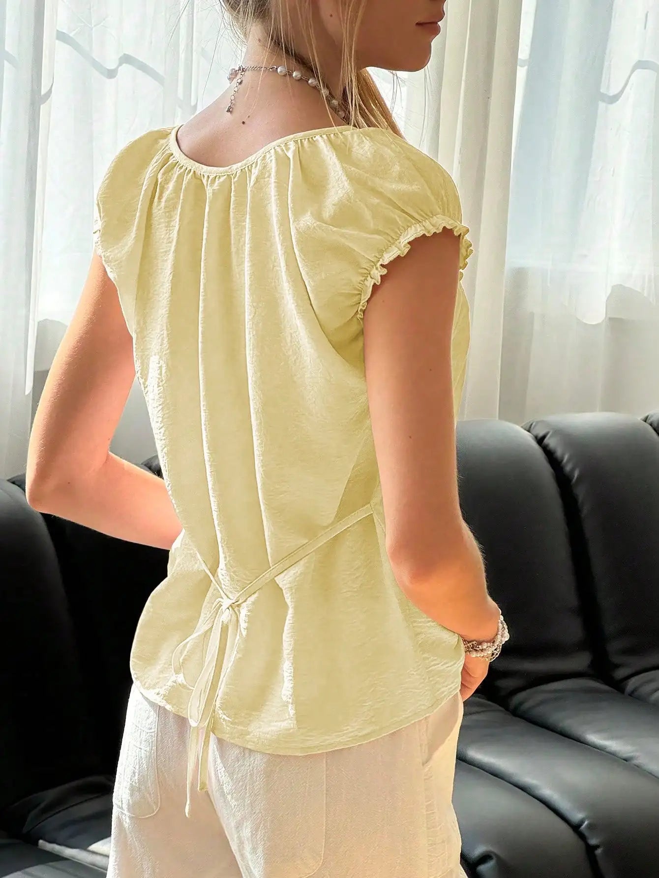 Women's Ruffled Sleeve Half-Open Neck Button Top