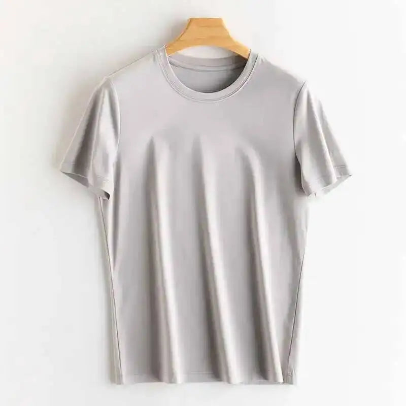 Summer 6% Mulberry Silk Cotton T-shirts Women Loose Round Neck Short Sleeve Luxury Tee Solid Color Basic Tops