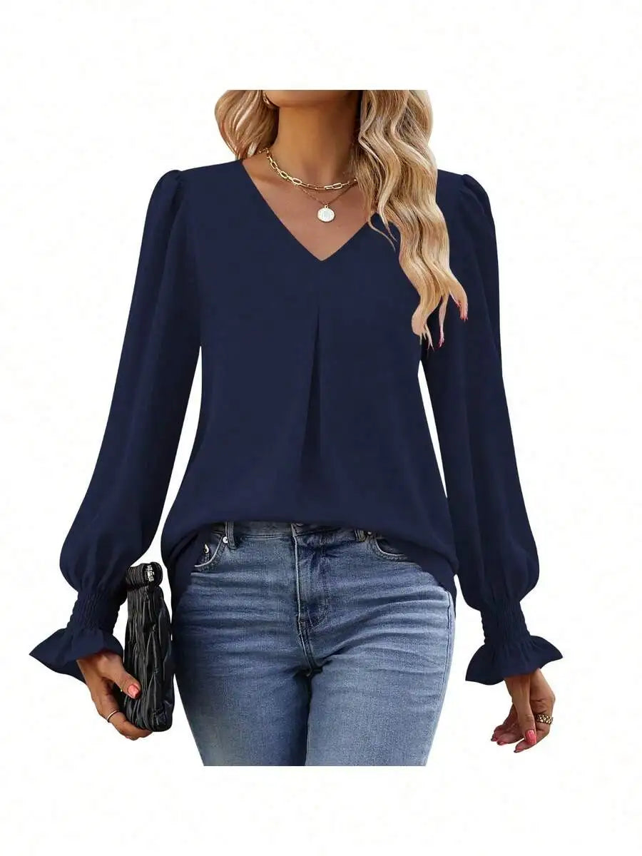 Womens Long Sleeve V Neck Loose Chiffon Blouse Casual Elegant Tunic Top