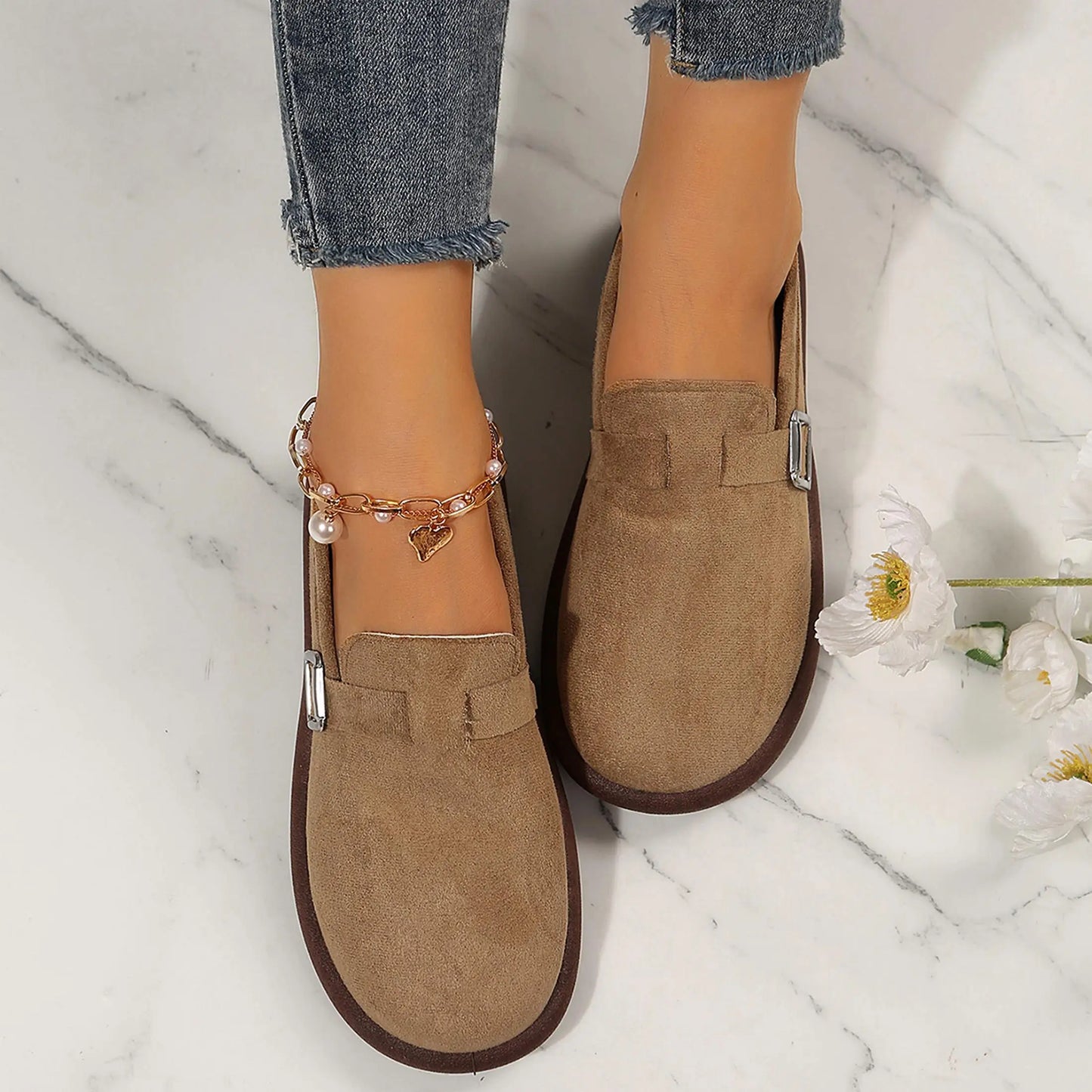 Suede Buckle Loafers for Women Versatile Slip-On Flats with Durable Rubber Sole Walking Shoes